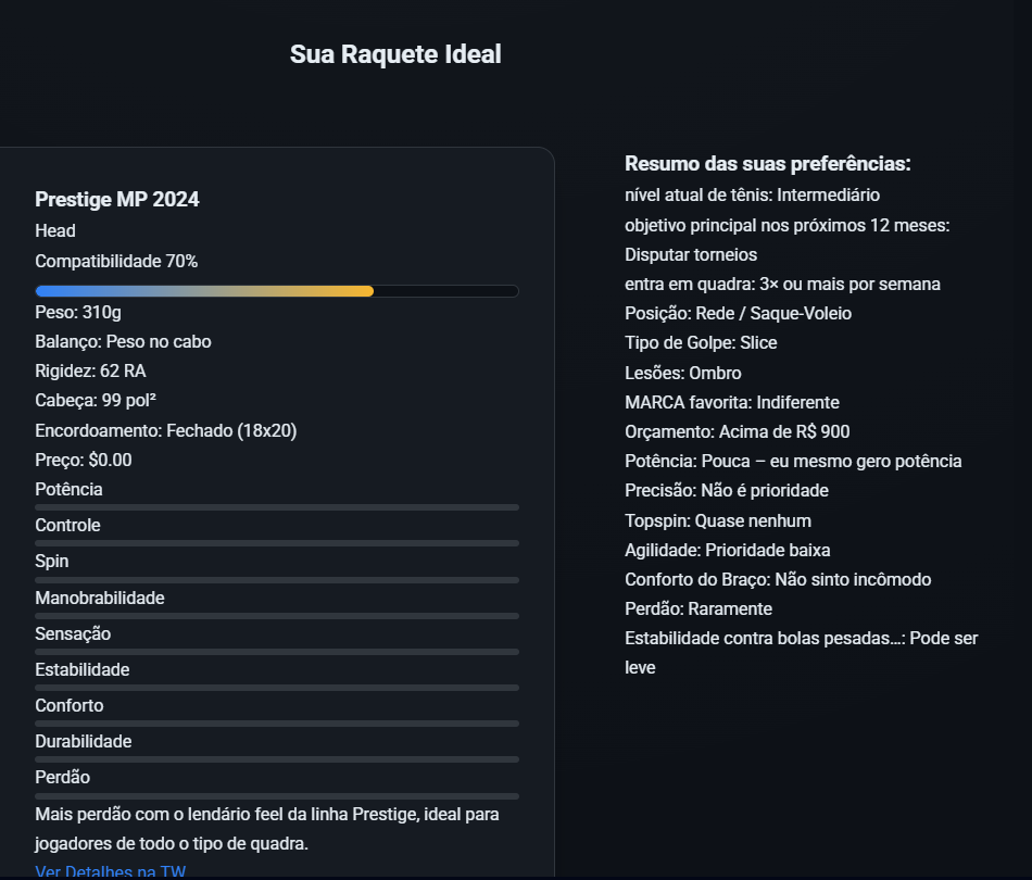 Screenshot of the Racquet Finder project